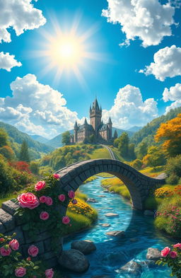A fantasy landscape depicting a majestic castle on a hilltop, surrounded by lush green forests and colorful wildflowers