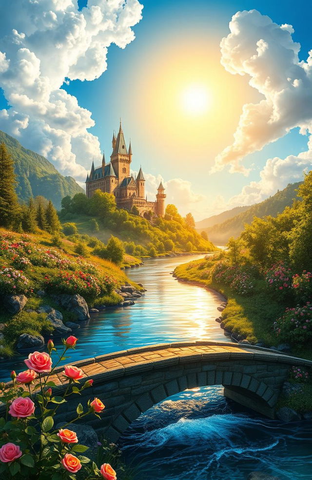 A fantasy landscape depicting a majestic castle on a hilltop, surrounded by lush green forests and colorful wildflowers