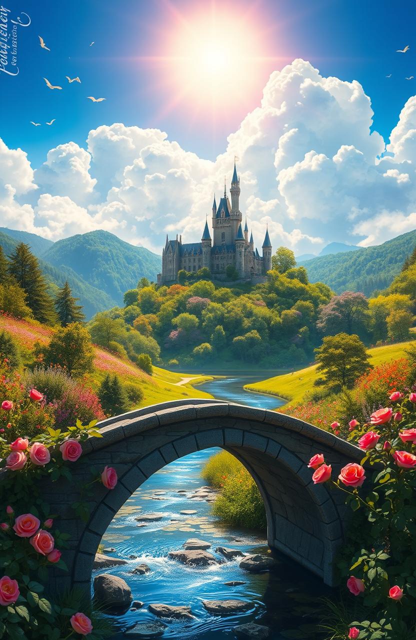 A fantasy landscape depicting a majestic castle on a hilltop, surrounded by lush green forests and colorful wildflowers