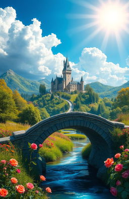 A fantasy landscape depicting a majestic castle on a hilltop, surrounded by lush green forests and colorful wildflowers