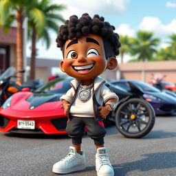 A cartoon character with a sporty outfit, adorned with a diamond chain and a diamond watch, smiling widely with diamond teeth