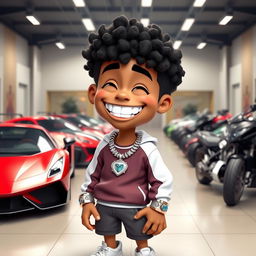 A cartoon character with a sporty outfit, adorned with a diamond chain and a diamond watch, smiling widely with diamond teeth
