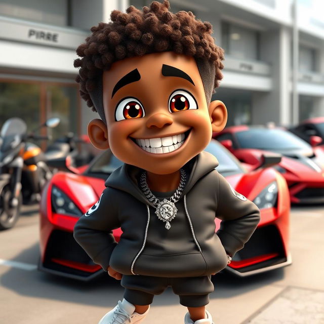 A cartoon character with a sporty outfit, adorned with a diamond chain and a diamond watch, smiling widely with diamond teeth