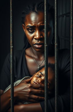 A powerful depiction of a black woman in a prison cell, her face stained with tears