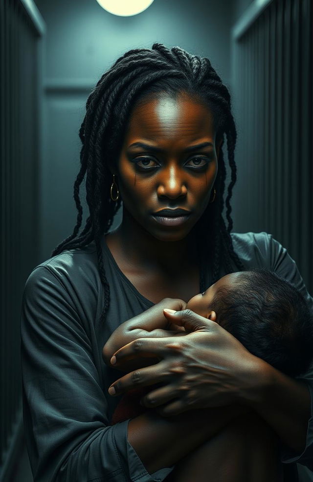 A powerful depiction of a black woman in a prison cell, her face stained with tears