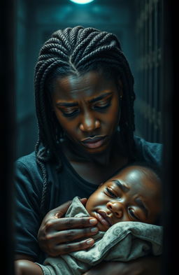 A powerful depiction of a black woman in a prison cell, her face stained with tears