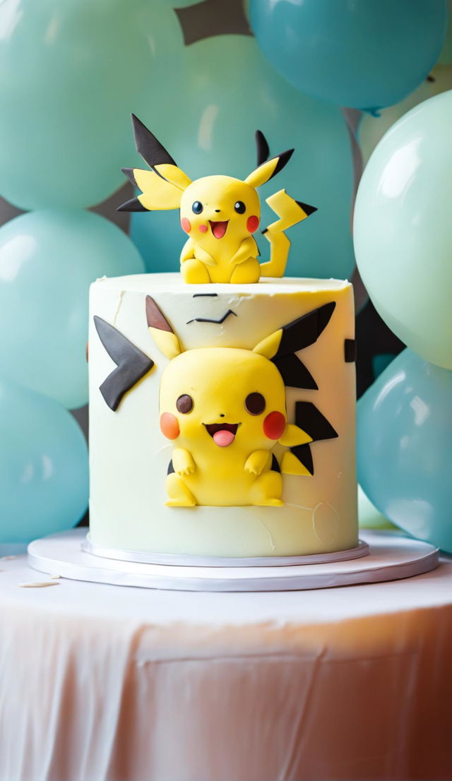 A simple, delicious Pokemon-themed birthday cake with creamy white icing and a fondant Pikachu in the center. Small fondant Pokeballs decorate the edge.