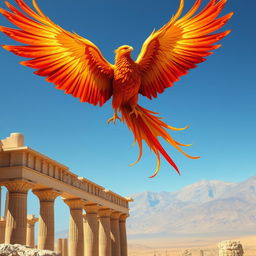 A majestic phoenix soaring through the sky towards the ancient ruins of Persepolis, its powerful wings spread wide, showcasing vibrant and intricate feather details in hues of fiery red, orange, and gold