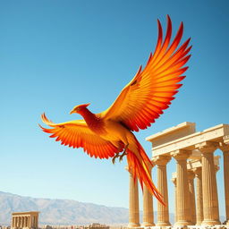 A majestic phoenix soaring through the sky towards the ancient ruins of Persepolis, its powerful wings spread wide, showcasing vibrant and intricate feather details in hues of fiery red, orange, and gold