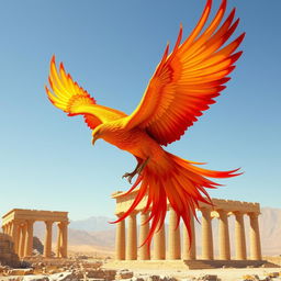 A majestic phoenix soaring through the sky towards the ancient ruins of Persepolis, its powerful wings spread wide, showcasing vibrant and intricate feather details in hues of fiery red, orange, and gold