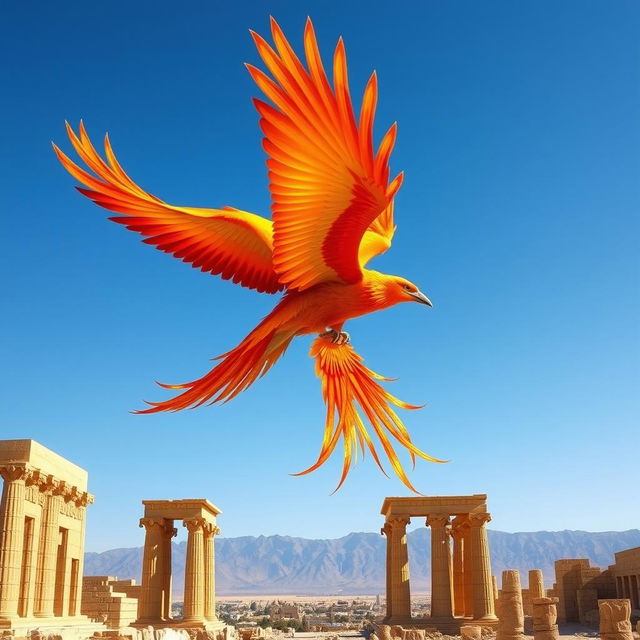 A majestic phoenix soaring through the sky towards the ancient ruins of Persepolis, its powerful wings spread wide, showcasing vibrant and intricate feather details in hues of fiery red, orange, and gold