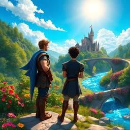 A vibrant fantasy landscape featuring two men standing together, overlooking a majestic castle on a hilltop