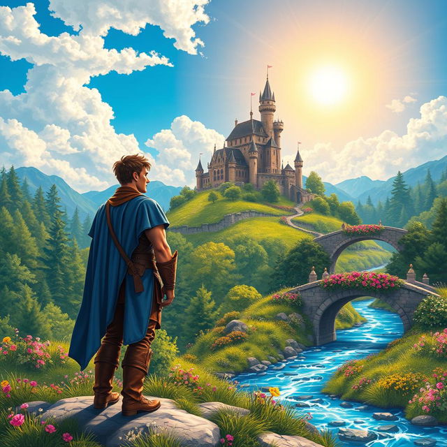 A vibrant fantasy landscape featuring two men standing together, overlooking a majestic castle on a hilltop