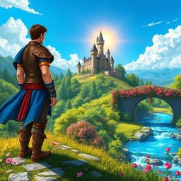 A vibrant fantasy landscape featuring two men standing together, overlooking a majestic castle on a hilltop