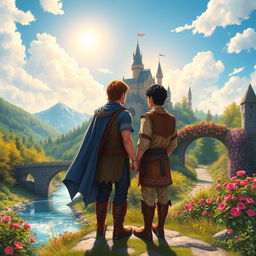 A vibrant fantasy landscape featuring two men standing together, overlooking a majestic castle on a hilltop