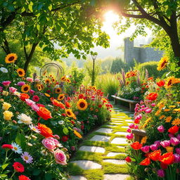 A picturesque summer scene set in a sunlit garden, brimming with a diverse array of colorful flowers in full bloom, including roses, sunflowers, daisies, and tulips