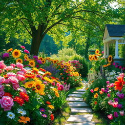 A picturesque summer scene set in a sunlit garden, brimming with a diverse array of colorful flowers in full bloom, including roses, sunflowers, daisies, and tulips