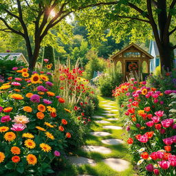 A picturesque summer scene set in a sunlit garden, brimming with a diverse array of colorful flowers in full bloom, including roses, sunflowers, daisies, and tulips
