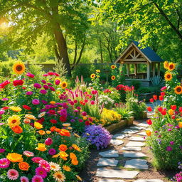A picturesque summer scene set in a sunlit garden, brimming with a diverse array of colorful flowers in full bloom, including roses, sunflowers, daisies, and tulips