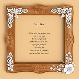 A decorative frame for a poem, featuring a rustic wooden texture with carvings along the edges, embellished with delicate lace patterns in white, vintage-style botanical illustrations in the corners, and a warm beige background ready for text, creating a cozy and inviting atmosphere suitable for heartfelt verses