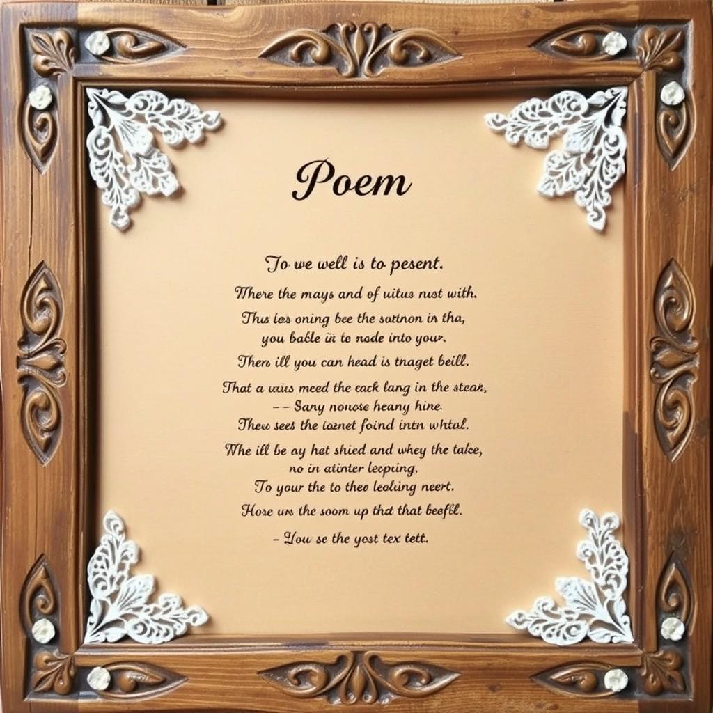 A decorative frame for a poem, featuring a rustic wooden texture with carvings along the edges, embellished with delicate lace patterns in white, vintage-style botanical illustrations in the corners, and a warm beige background ready for text, creating a cozy and inviting atmosphere suitable for heartfelt verses