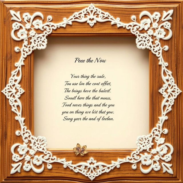 A decorative frame for a poem, featuring a rustic wooden texture with carvings along the edges, embellished with delicate lace patterns in white, vintage-style botanical illustrations in the corners, and a warm beige background ready for text, creating a cozy and inviting atmosphere suitable for heartfelt verses