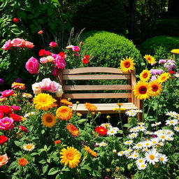 A picturesque summer scene set in a sunlit garden, vividly adorned with a variety of colorful flowers in full bloom, including bright roses, cheerful sunflowers, and delicate daisies
