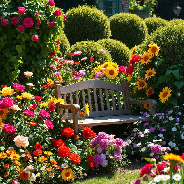 A picturesque summer scene set in a sunlit garden, vividly adorned with a variety of colorful flowers in full bloom, including bright roses, cheerful sunflowers, and delicate daisies