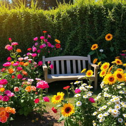 A picturesque summer scene set in a sunlit garden, vividly adorned with a variety of colorful flowers in full bloom, including bright roses, cheerful sunflowers, and delicate daisies