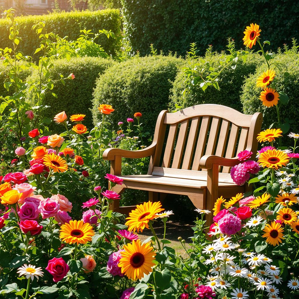 A picturesque summer scene set in a sunlit garden, vividly adorned with a variety of colorful flowers in full bloom, including bright roses, cheerful sunflowers, and delicate daisies