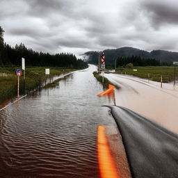 A one-lane road dramatically flooded by water, creating a powerful scene of nature's force disrupting man-made infrastructure.