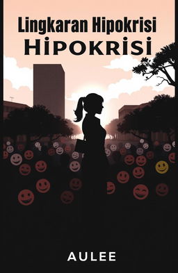 A silhouette of a woman standing in the midst of a lively crowd, surrounded by ambiguous smiling faces, but with a dark shadow lurking behind her