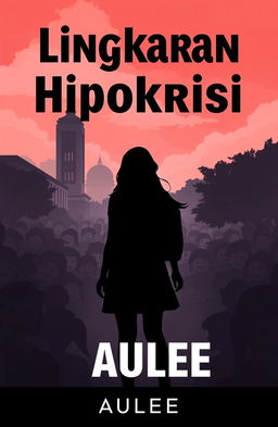A silhouette of a woman standing in the midst of a lively crowd, surrounded by ambiguous smiling faces, but with a dark shadow lurking behind her