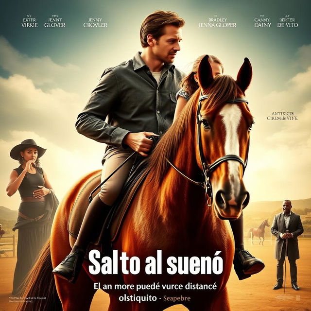 A movie poster featuring a determined-looking father, resembling Bradley Cooper, holding the reins of a beautiful horse