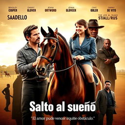 A movie poster featuring a determined-looking father, resembling Bradley Cooper, holding the reins of a beautiful horse