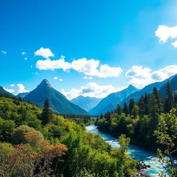 A stunning landscape depicting majestic mountains rising proudly in the background, a tranquil river flowing through a lush, vibrant forest teeming with diverse plant life