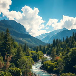 A stunning landscape depicting majestic mountains rising proudly in the background, a tranquil river flowing through a lush, vibrant forest teeming with diverse plant life