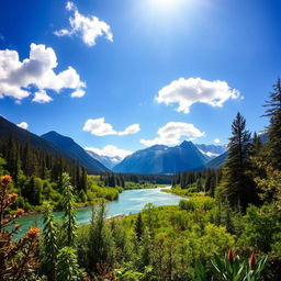 A stunning landscape depicting majestic mountains rising proudly in the background, a tranquil river flowing through a lush, vibrant forest teeming with diverse plant life