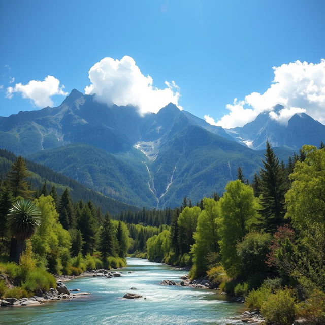 A stunning landscape depicting majestic mountains rising proudly in the background, a tranquil river flowing through a lush, vibrant forest teeming with diverse plant life