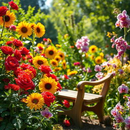 A picturesque summer scene set in a sunlit garden, bursting with an array of colorful flowers, including bright red roses, sunny yellow sunflowers, and delicate purple orchids
