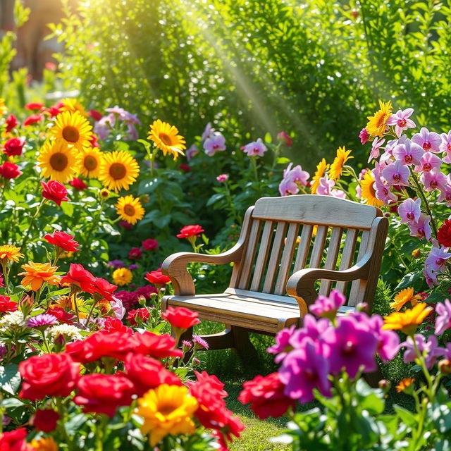 A picturesque summer scene set in a sunlit garden, bursting with an array of colorful flowers, including bright red roses, sunny yellow sunflowers, and delicate purple orchids