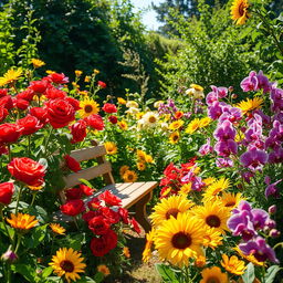 A picturesque summer scene set in a sunlit garden, bursting with an array of colorful flowers, including bright red roses, sunny yellow sunflowers, and delicate purple orchids