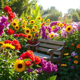 A picturesque summer scene set in a sunlit garden, bursting with an array of colorful flowers, including bright red roses, sunny yellow sunflowers, and delicate purple orchids