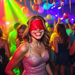A lively and energetic scene featuring a blindfolded party girl having a fantastic time at a vibrant party