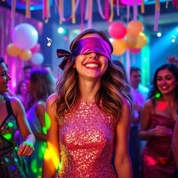 A lively and energetic scene featuring a blindfolded party girl having a fantastic time at a vibrant party