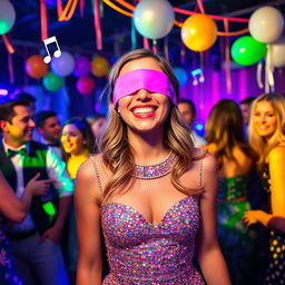A lively and energetic scene featuring a blindfolded party girl having a fantastic time at a vibrant party