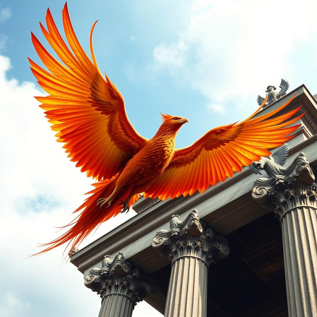 A majestic phoenix soaring through the sky towards an ancient tower, characterized by columns topped with capitals intricately carved with two heavily decorated back-to-back griffins projecting outwards