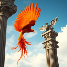 A majestic phoenix soaring through the sky towards an ancient tower, characterized by columns topped with capitals intricately carved with two heavily decorated back-to-back griffins projecting outwards