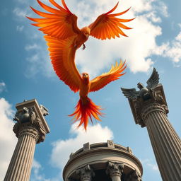 A majestic phoenix soaring through the sky towards an ancient tower, characterized by columns topped with capitals intricately carved with two heavily decorated back-to-back griffins projecting outwards