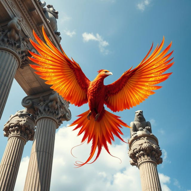 A majestic phoenix soaring through the sky towards an ancient tower, characterized by columns topped with capitals intricately carved with two heavily decorated back-to-back griffins projecting outwards